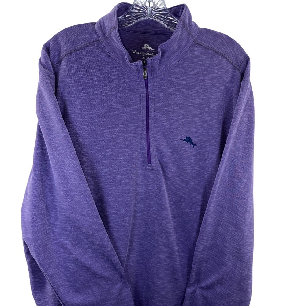 Tommy Bahama Sweater Mens Large Purple Quarter Zip Pullover Marlin Logo Casual